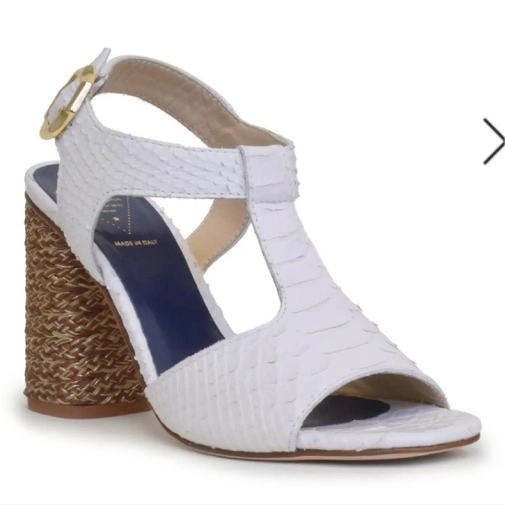Rangoni White Textured Leather T-Strap Sandal with Braided Heel